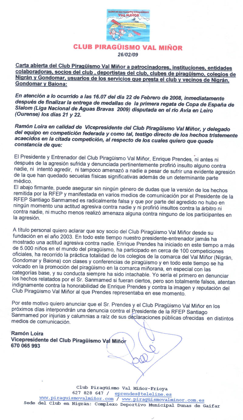 Carta abierta del Club Piragüismo Val Miñor remitida el 26-02-2009